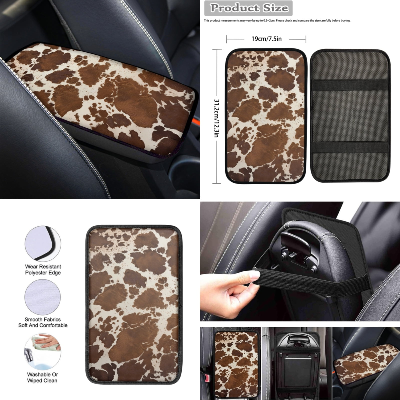 Renewold Light Brown Cow Print Car Seat Cover Front Back Seat Protector with Steering Wheel Cover,Belt Pad,Armrest Pad Handbrake Cover Gear Shift Cover Universal Fit Car Accessories