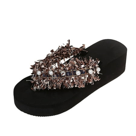 

Youmylove Women Flip Flops Fashion Tassel Pearl Flat Casual Slippers Leisure Comfort Cozy Daily Walking