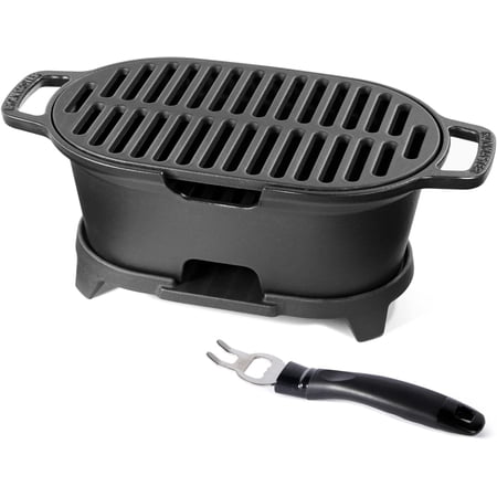 Cast Iron Hibachi Grill, Tabletop Small Portable Charcoal Grill for Outdoor Camping, Japanese BBQ Grill Grate Surface 11" x 6.7 "