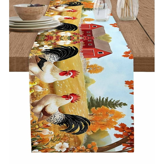 Orange Vintage Rooster Burlap Cotton Table Runner 13x108 Inches Long, Pastoral Animals Spring Floral Farmhouse Table Runners, Outdoor Dining Tablecloths Decor for Baby Shower/Party/Wedding