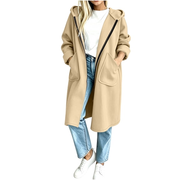 Womens Jackets Long Length Hooded Long Sleeve Pocket Zip-up Jacket