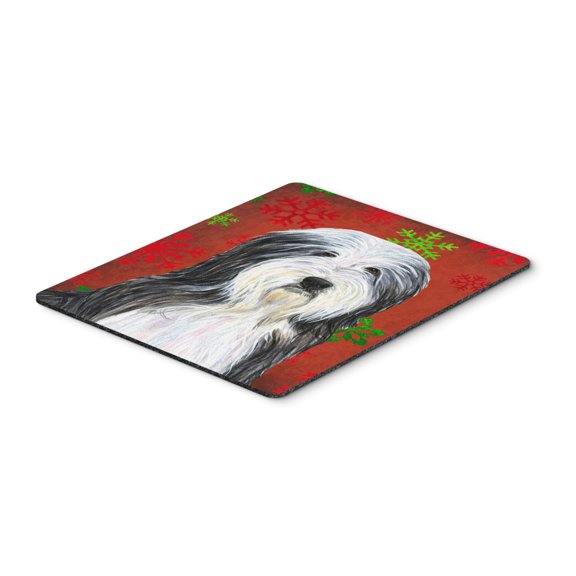 "Bearded Collie Red and Green Snowflakes Holiday Christmas Mouse Pad Hot Pad or Trivet"