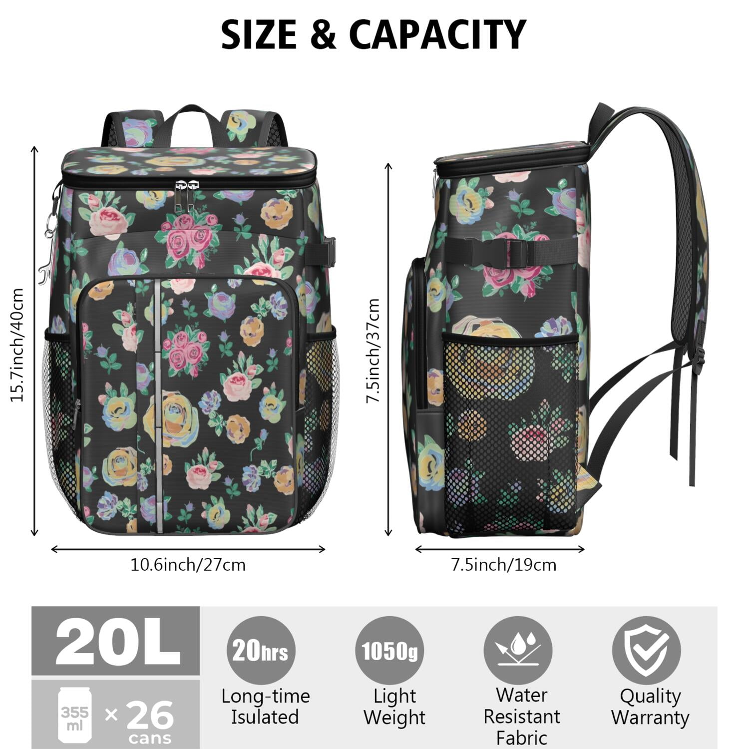 Travel Cooler Bag - Pioneer Flower Floral Print Pattern Camping Beer Cooler Backpack with Bottle Opener- Waterproof Insulated Picnic Backpacks - Cooler Bag for Beach