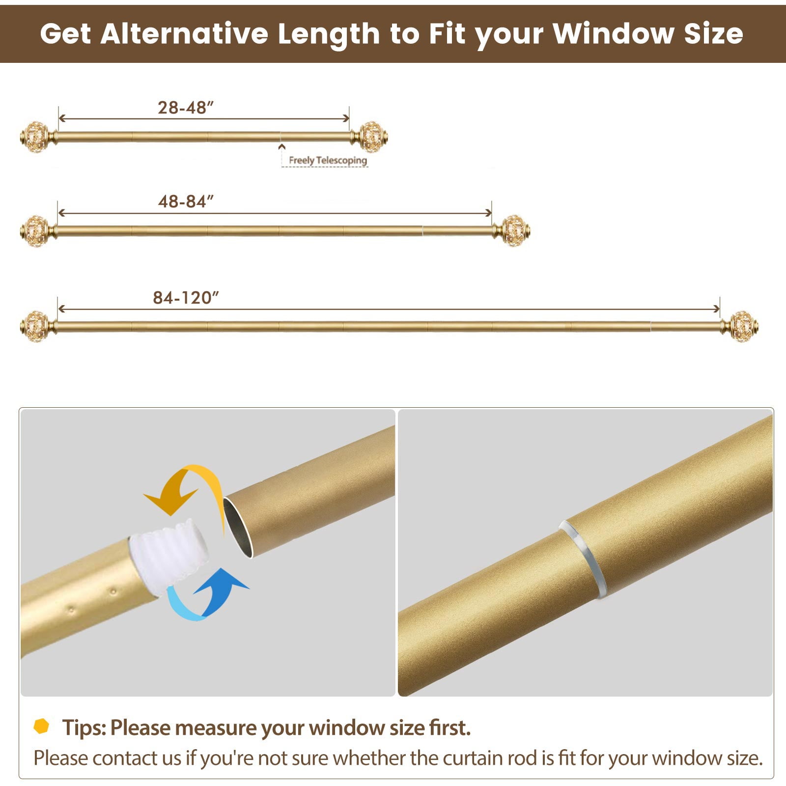 KAMANINA 7/8" Adjustable Single Curtain Rod with Translucent Finial, 28 - 48", Gold