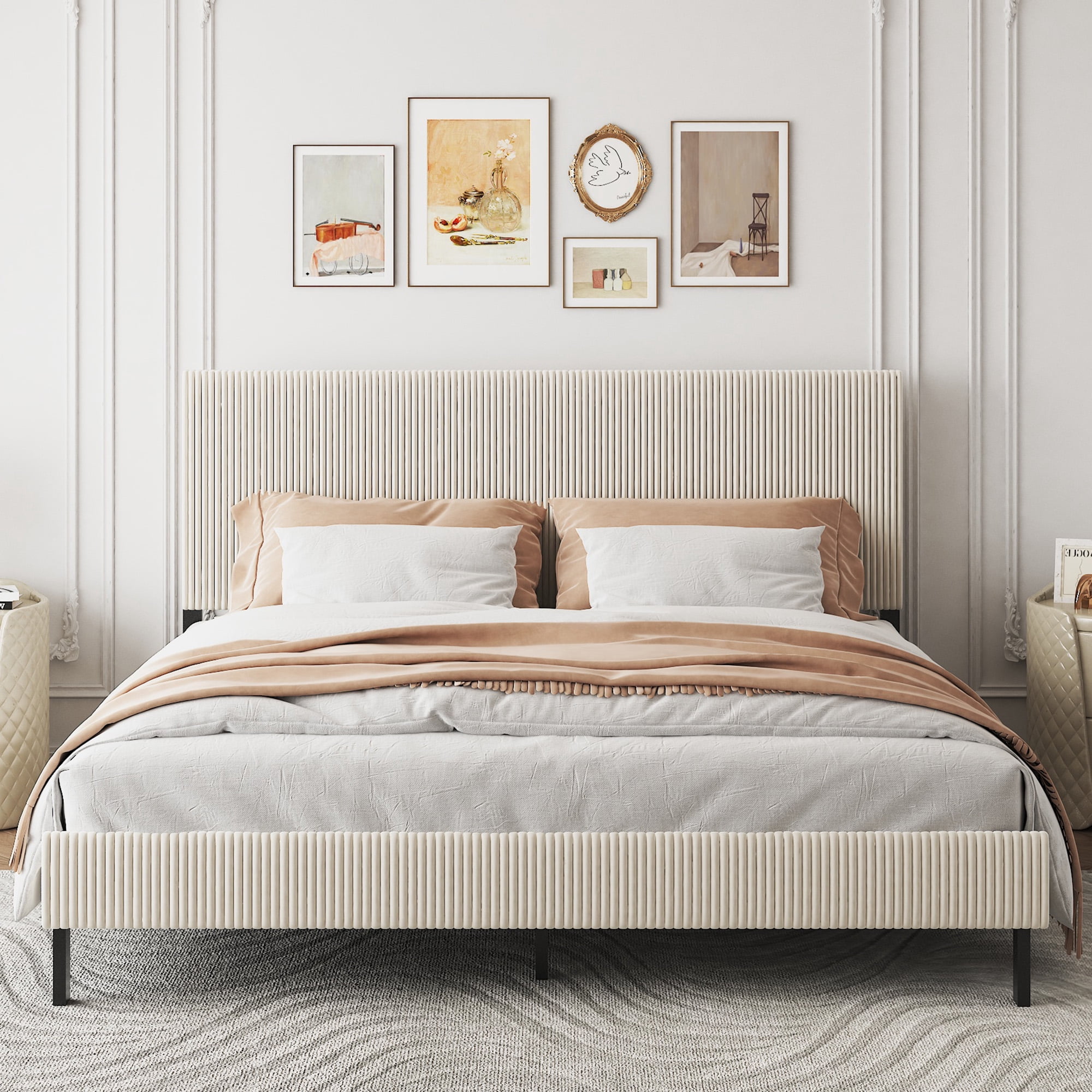 Miniyam King Bed Frame with Upholstered Headboard, Metal Platform Bed, Beige
