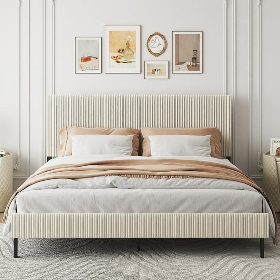 Yoneston King Size Bed Frame with Bandaged Upholstered Headboard for Adults Bedroom No Box Spring Required Easy to Assembly, Beige