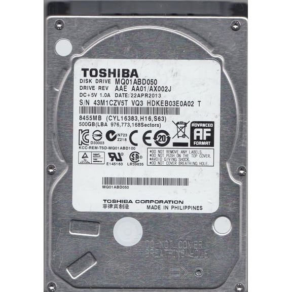 MQ01ABD050, AA01/AX002J, HDKEB03E0A02 T, Toshiba 500GB SATA 2.5 Hard Drive