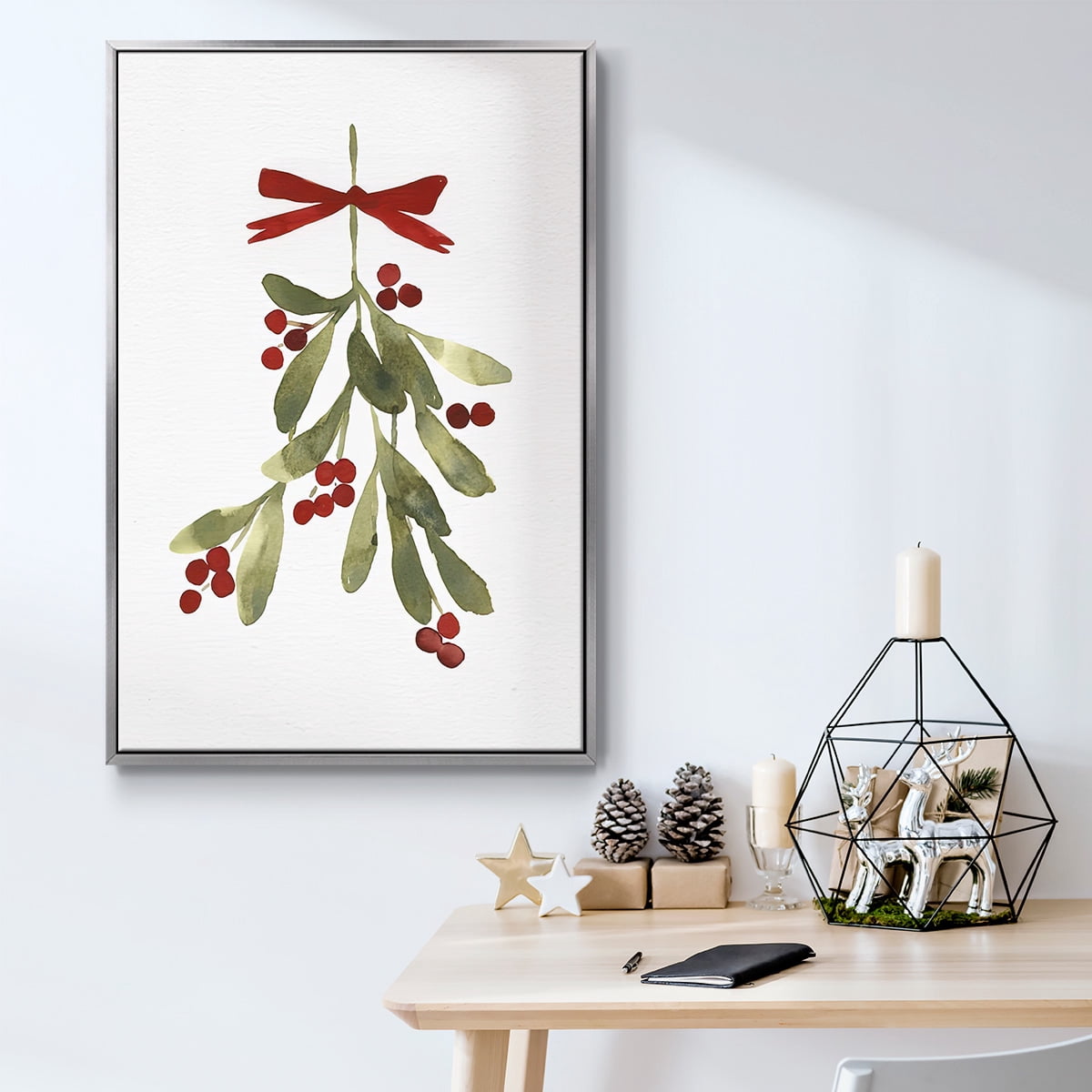 Mistletoe Bow I - Framed Gallery Wrapped Holiday Canvas - 27 x 41 - Silver Frame