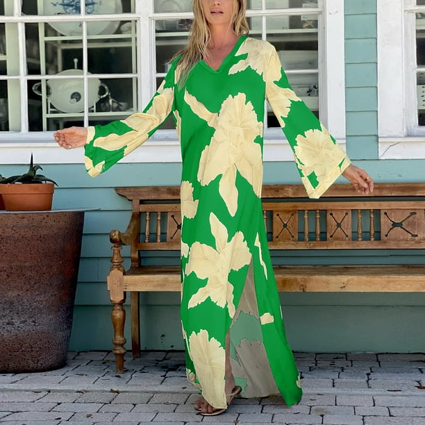 Vestido largo estampado floral de manga larga con cuello en V de