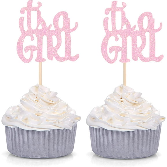 Pink Glitter It's a Girl Cupcake Toppers Pregnancy Announcement Party Baby Shower Decorations Picks - 12pcs