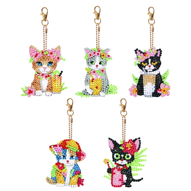 Suministros Llavero Llaveros Artísticos Con Diamantes 5 Uds. Regalo Gato Doble Cara DIY para