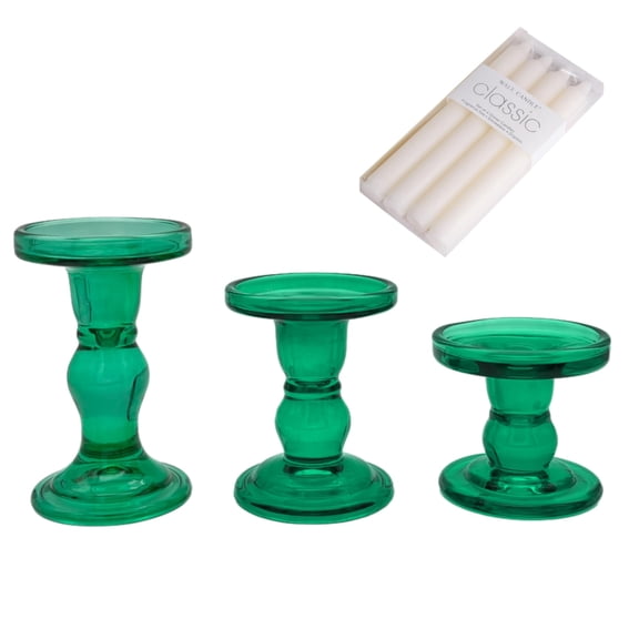 Green Glass Candle Holders Set of 3, Vintage Clear Candlestick Holders for Taper, Pillar & Tealight Candles, Home Décor Table Centerpiece with 4 Taper Candles