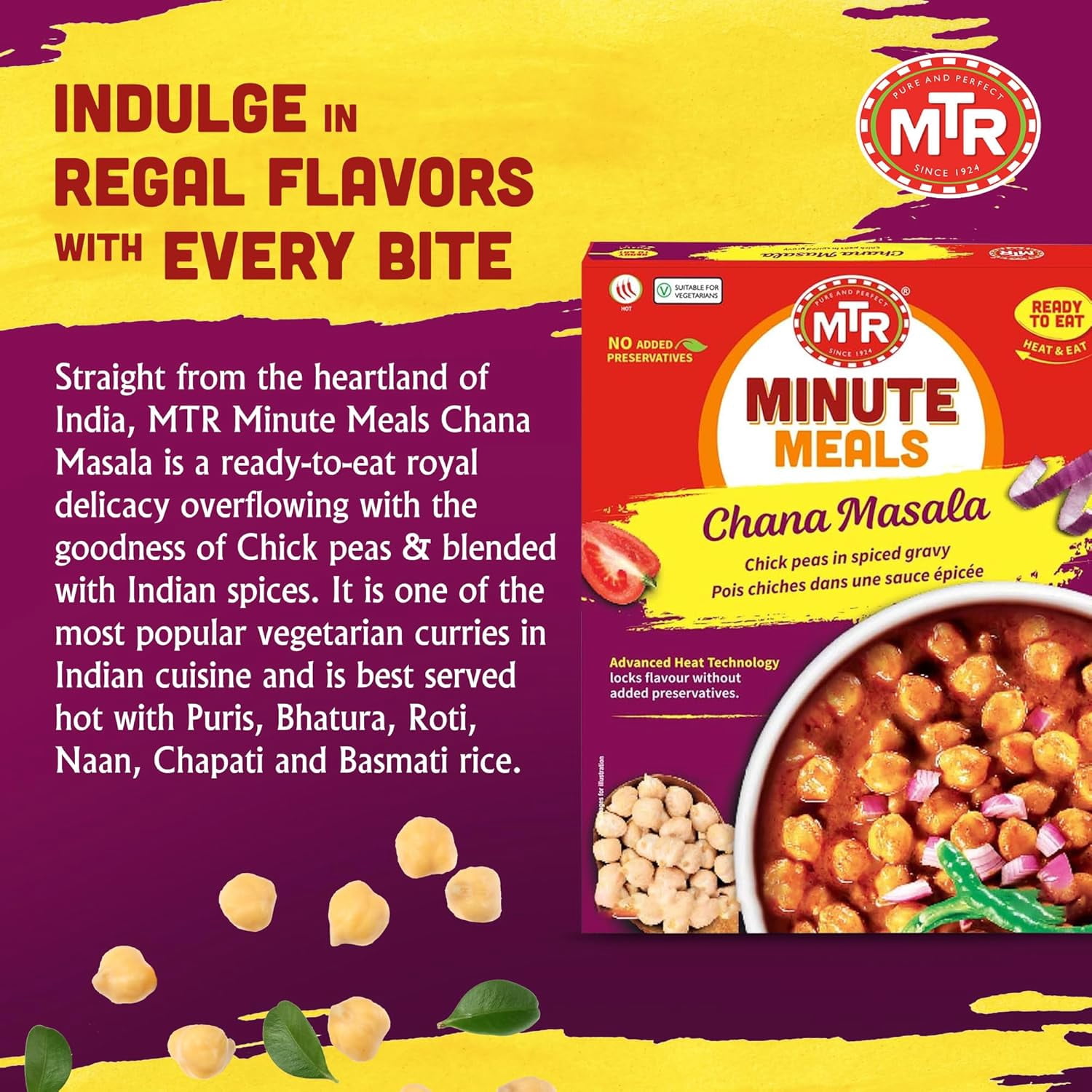 MTR Chana Masala - Savory Chickpeas in Spiced Gravy - Authentic Indian Ready-to-Eat Meal - No Added Preservatives - A Quick Meal Suitable for Vegetarians, Ready in Minutes! (300g, Pack of 6)