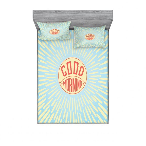 Saying Bedding Set with Sheet & Covers, Morning Greeting Message Trapped in a Ball on Beamed Background, Printed Bedroom Decor 2 Shams, 4 Sizes, Multicolor, by Ambesonne