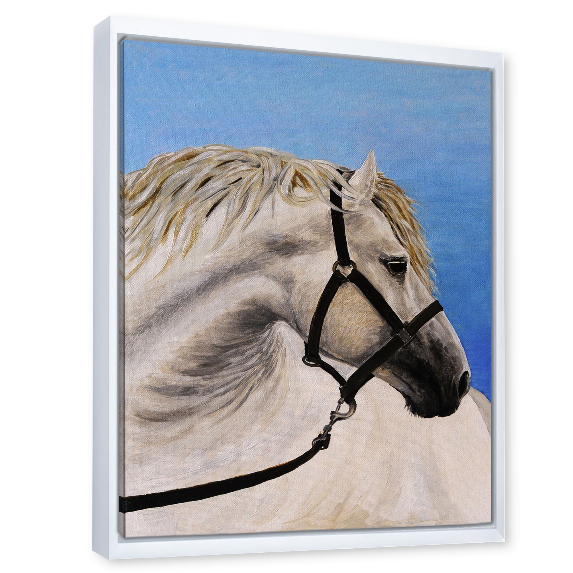 Designart 'Close Up Of White Horse In The Furrow' Farmhouse Framed Canvas Wall Art Print