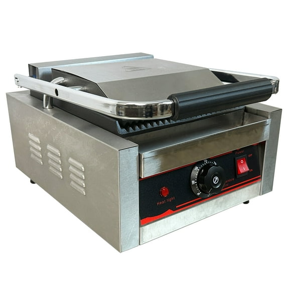 1800W Commercial Panini Sandwich Grill Grooved Plates Single 12 in. Width, 110V