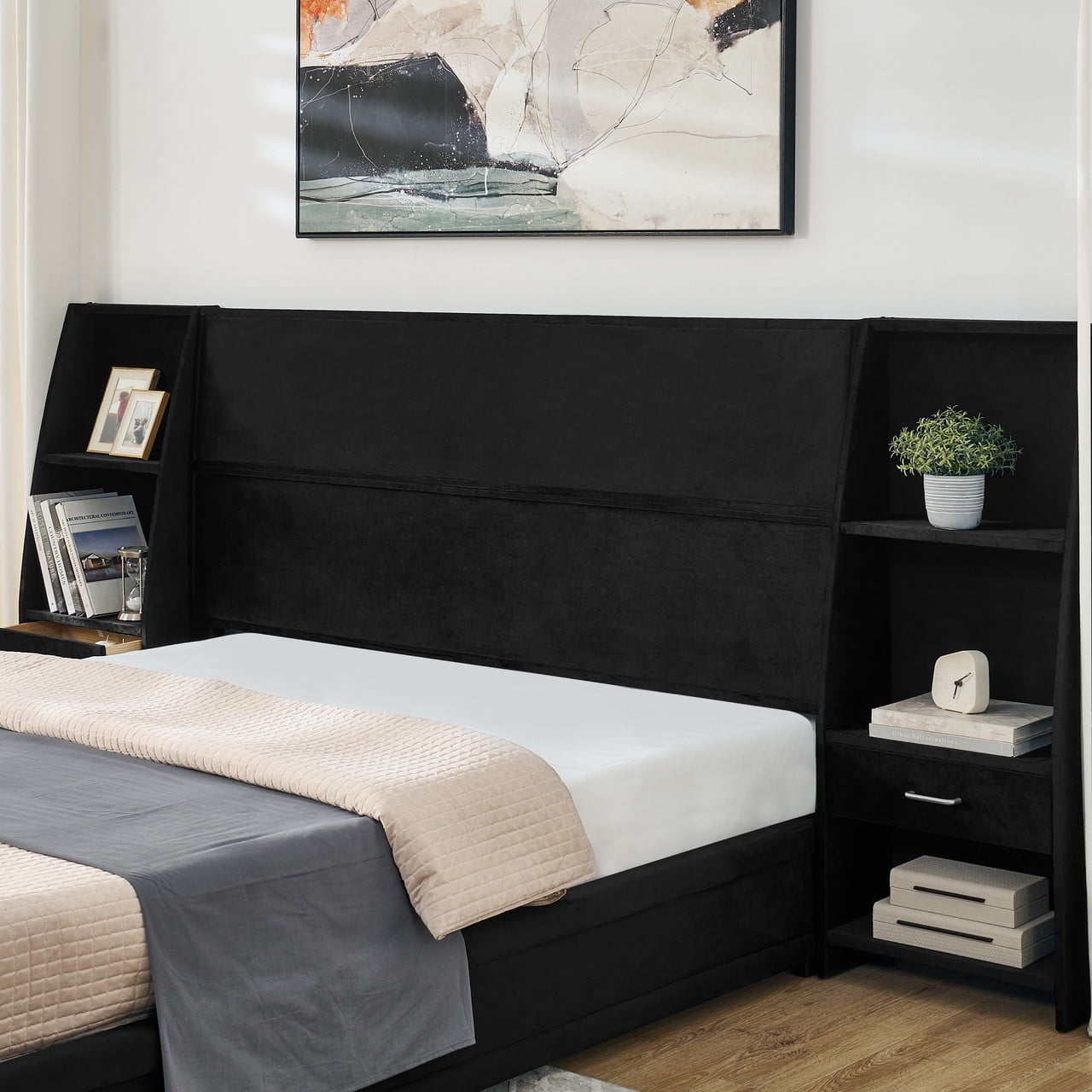 Queen/King Size Modern Upholstered Platform Bed Frame, Velvet Storage Bed with Headboard, Side Bookcases & Drawers Nightstand