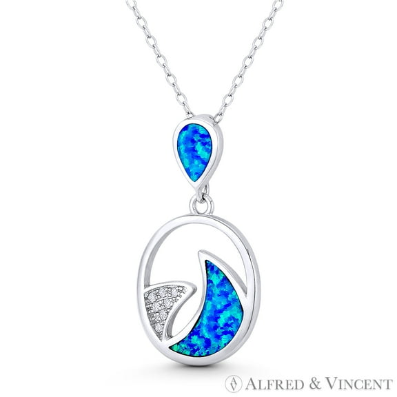 Shark Fin Sealife Charm Created Opal & CZ Crystal 30x17mm (1.2x0.7in) Pendant & Chain Necklace in .925 Sterling Silver w/ Rhodium