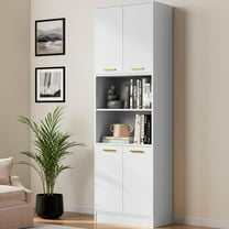 Kitchen Pantry Storage Cabinet 75" Tall 4 Doors Wood Freestanding Cupboard with Open Countertop and Adjustable Shelves Utility