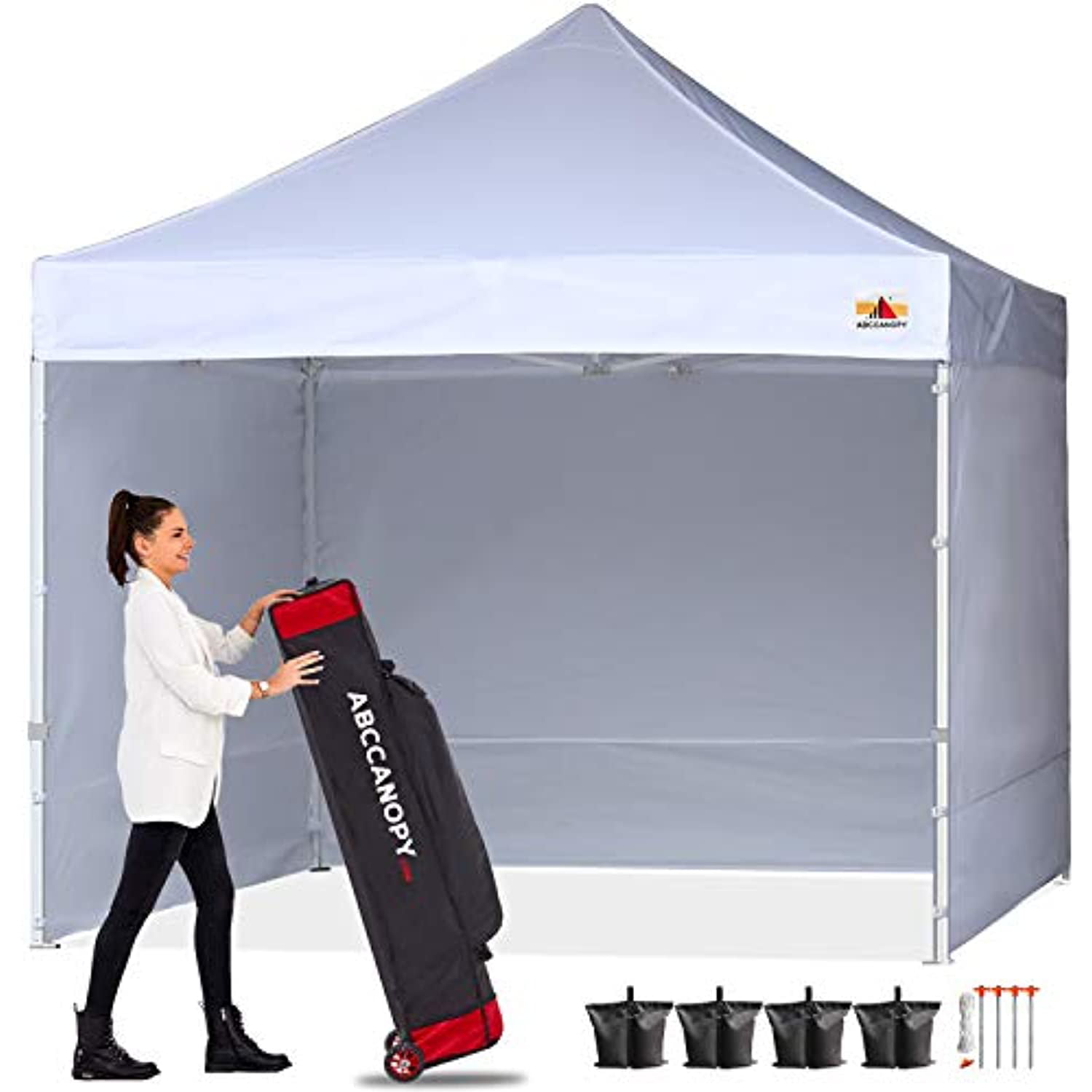 White Stakes and Ropes ABCCANOPY Canopy 10x10 Pop Up Commercial Canopy Tent with Side Walls Instant Shade 4 Weight Bags Bonus Upgrade Roller Bag