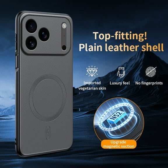 ELEHOLD Magnetic PU Leather Case Cover For Apple iPhone 17 Pro, Shockproof Slim Leather Non-Slip Lightweight PC TPU Protective Case with Qi Wireless Charging Support,Gray