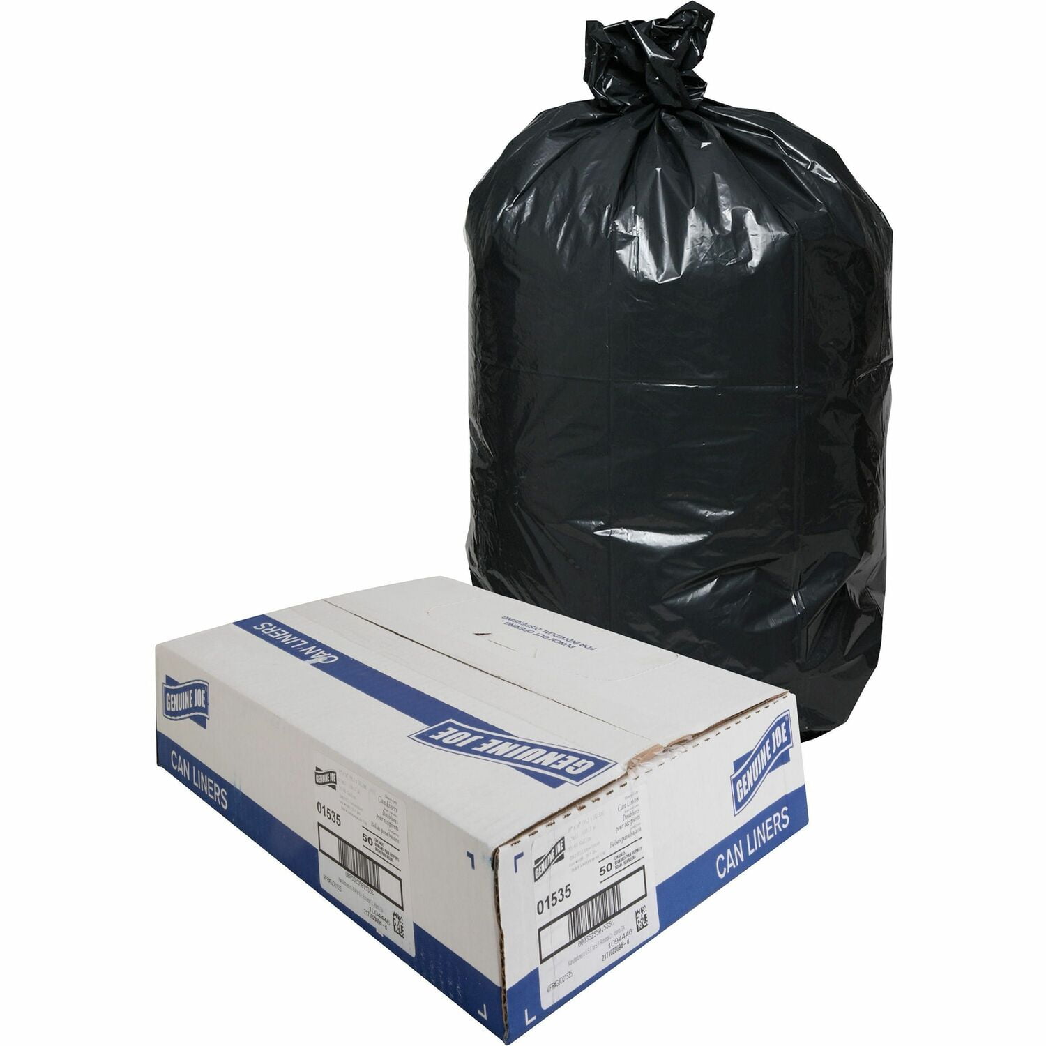 Genuine Joe Heavy-Duty Trash Can Liners, 60 Gallon, 50 per Box, GJO01535, Black