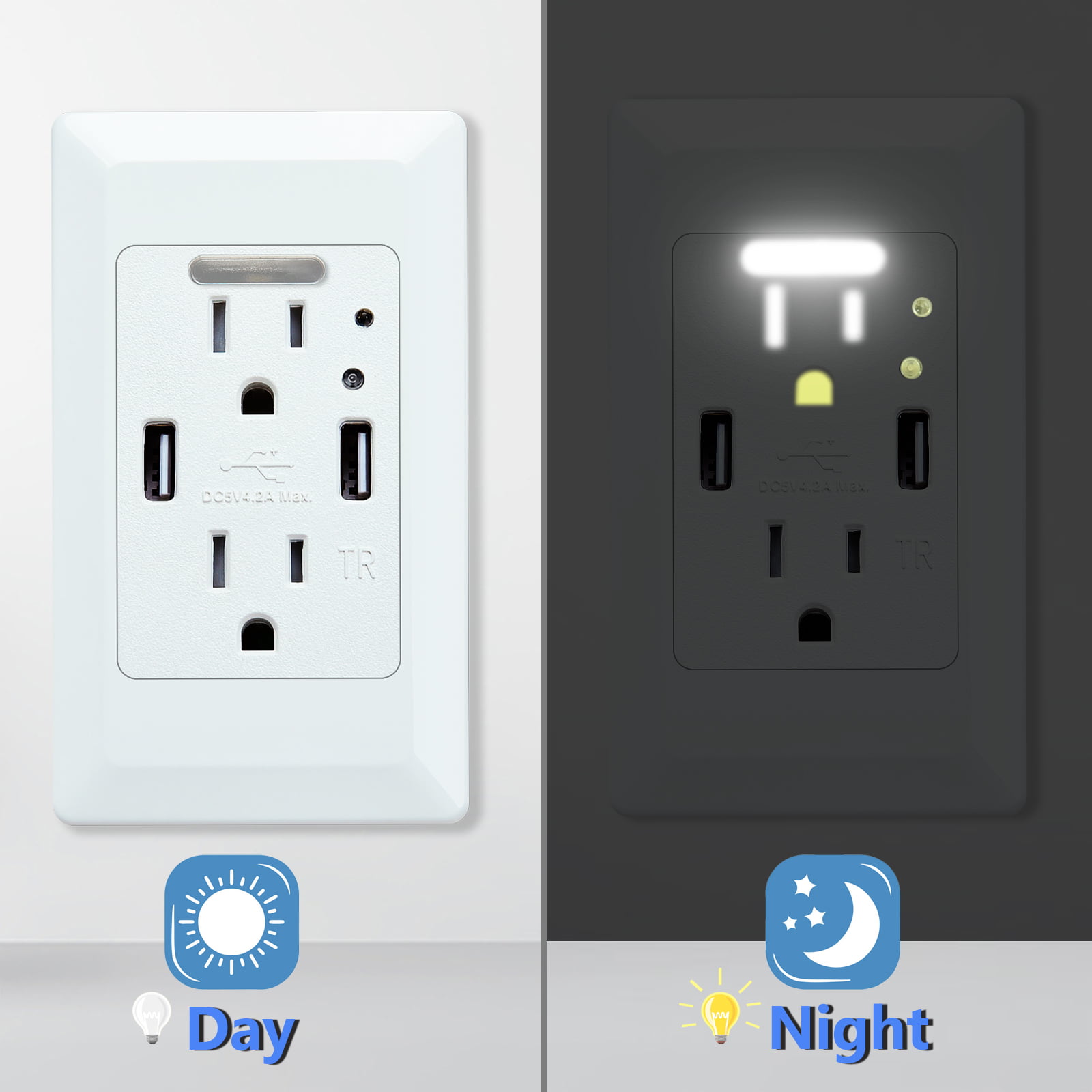 3 Outlet Sensor Night Light Elect.UL Grounded Wall Tap Power Adapter  1,2,4,8,12