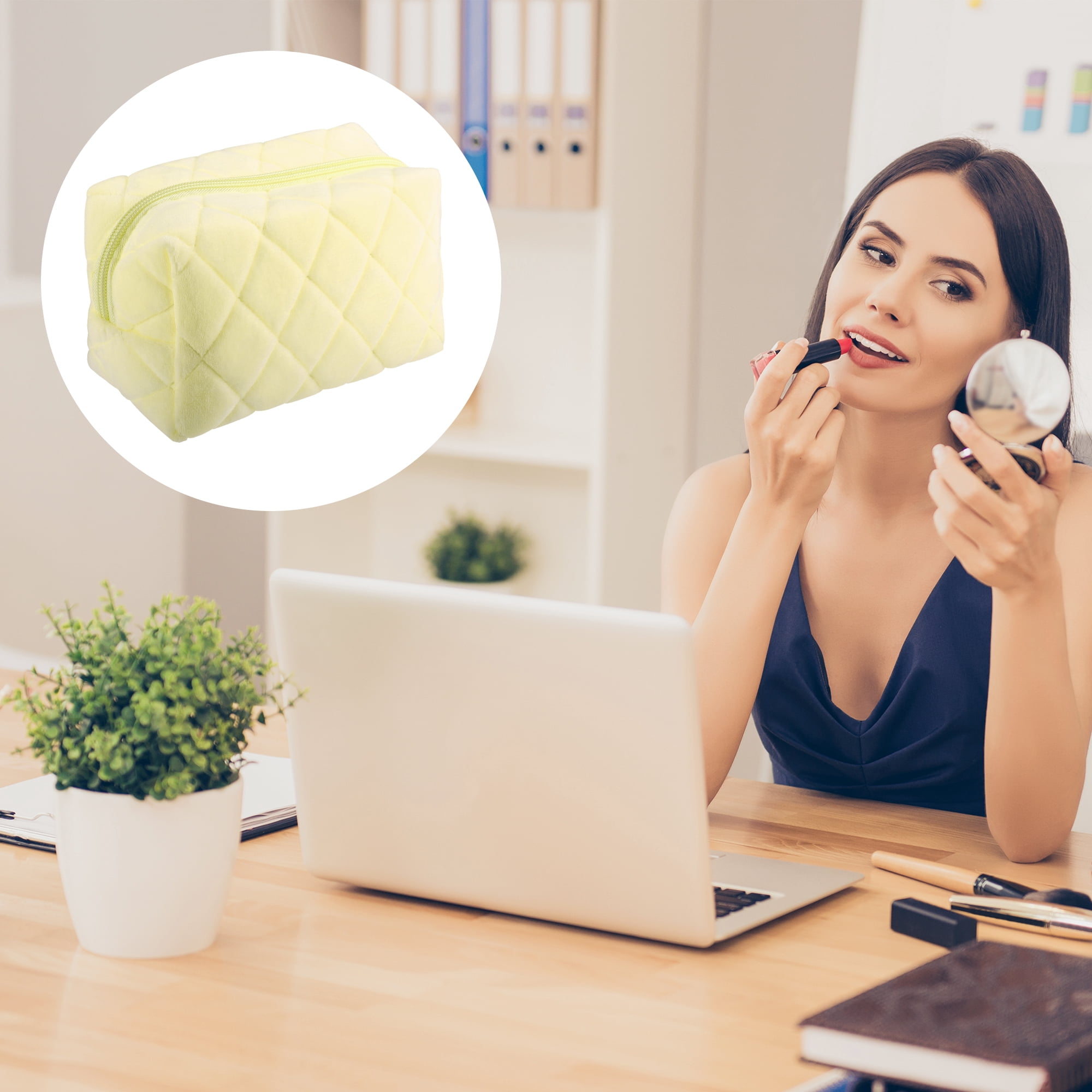 Unique Bargains 1Pc Soft Velet Durable Portable Travel Makeup Bag for Toiletry Yellow