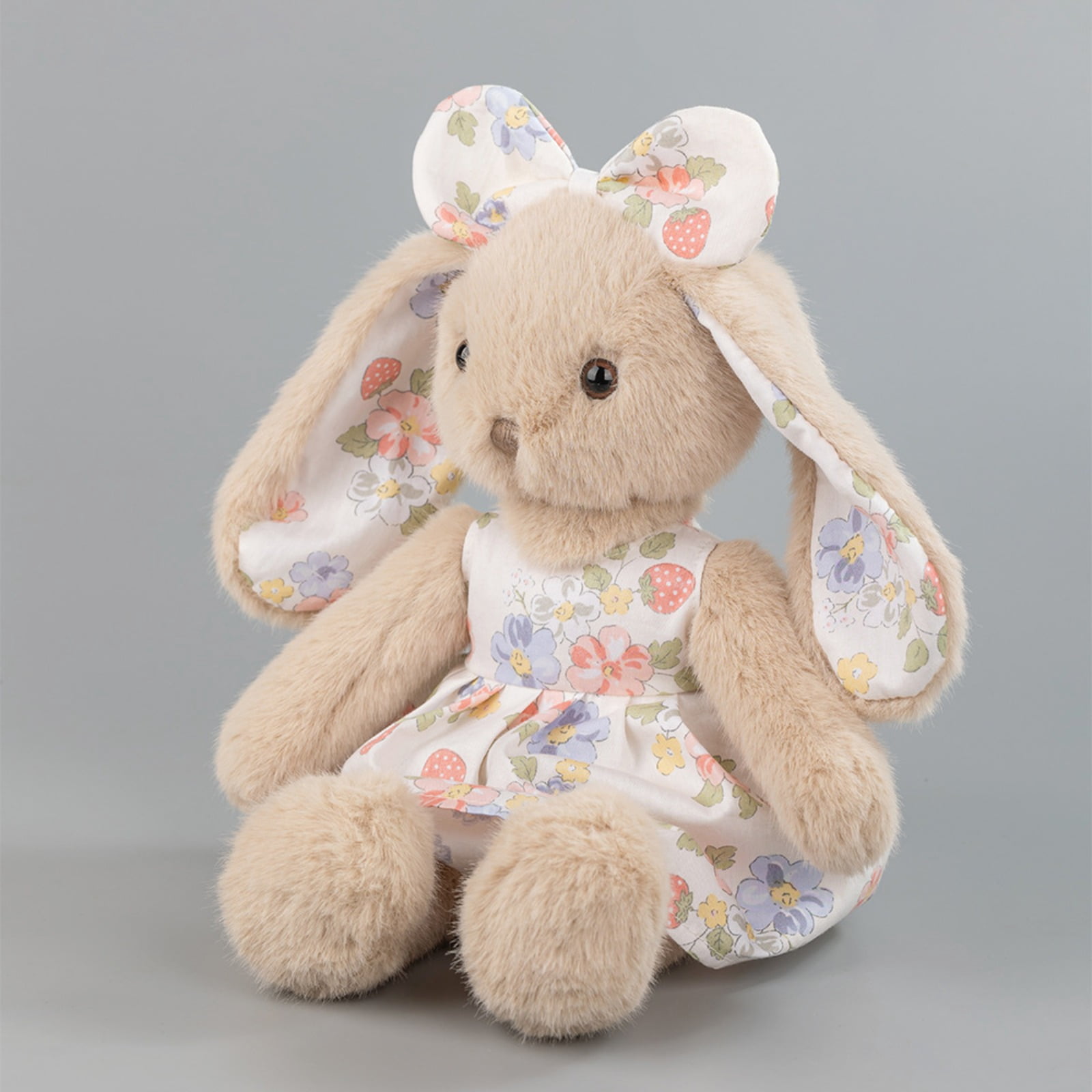 Beige Bunny Plush Toy with Floral Dress, Soft Rabbit Plush Doll for Cozy Home Decor