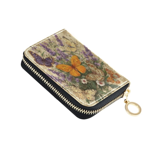 PU Leather Zipper Card Case Wallet Credit Card Holder with 9 Card Slots 4.7" x 3.1" Butterflies and Lavender Pattern