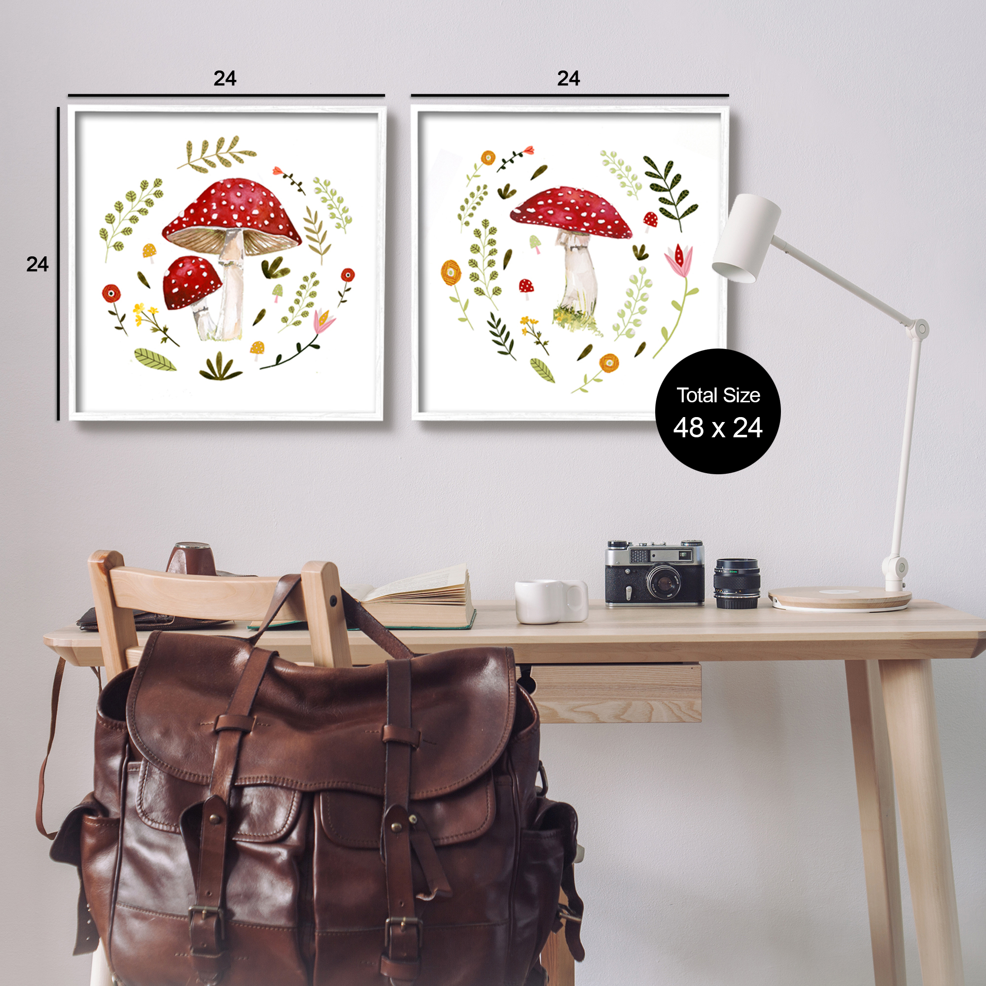 Stupell Industries Mushrooms & Flower Sprouts Botanical & Floral Painting White Framed Art Print Wall Art, 24 x 24, Set of 2