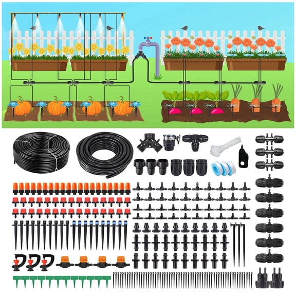 164FT Garden Irrigation System Kit: 299PCS Automatic drip Irrigation System - with 5 Kinds of Sprayers 1/4" & 1/2" Fast-Lock Tubing - for Greenhouse, Yard, Lawn, Raised Bed