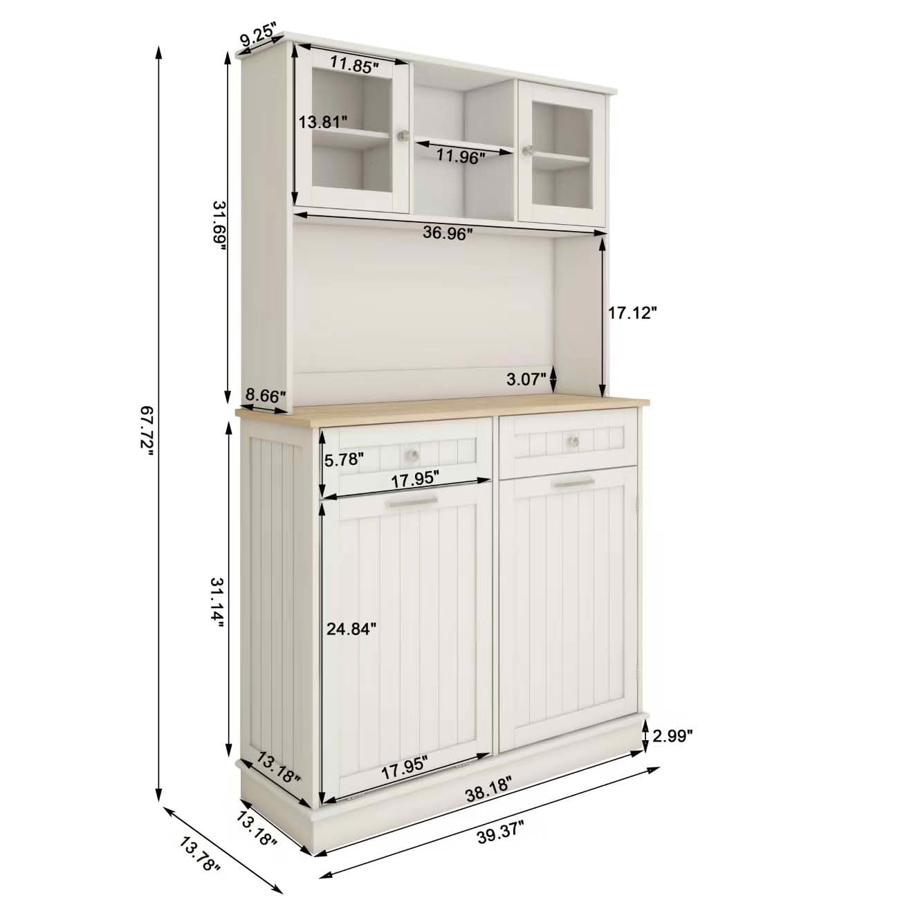 MAYEERTY 67.7-Inch Tall Kitchen Trash Can Storage Cabinet, 3 Adjustable Shelves 2 Drawers 1 Tilt-Out Trash Bin White