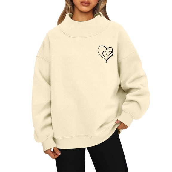 LWavelet Mock Neck Sweatshirt For Women | Oversized Turtleneck Sweater, double heart GraphicLong Sleeve Pullover Tops, Fall winter Fashion Clothes Black 2XL