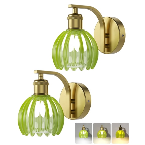 2 Pack Wall Sconces, Vintage Sconce Light with Green Tulip Glass Lampshade,Brass Sconces Hardwired Wall Lamp, E26 Socket, Bulbs Included, Wall Lights for Bedroom,Hallway, Living Room Wall