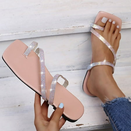 

2022 New Summer Women s Sandals Square Toe Flat-bottomed Rhinestone Slip-on