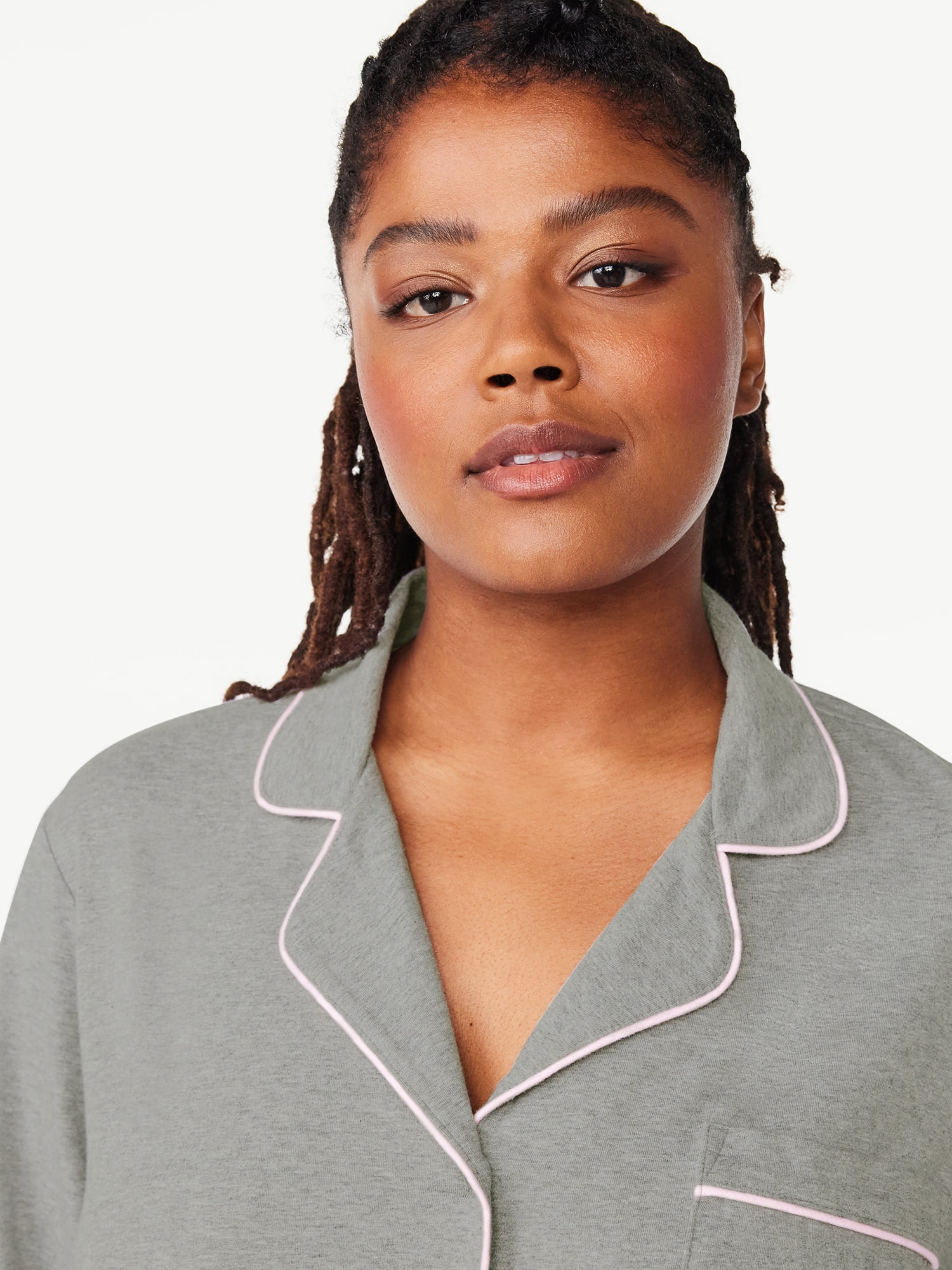 Joyspun Women’s Cotton Blend Notch Collar Top and Pants Pajama Set, 2-Piece, Sizes S-4X