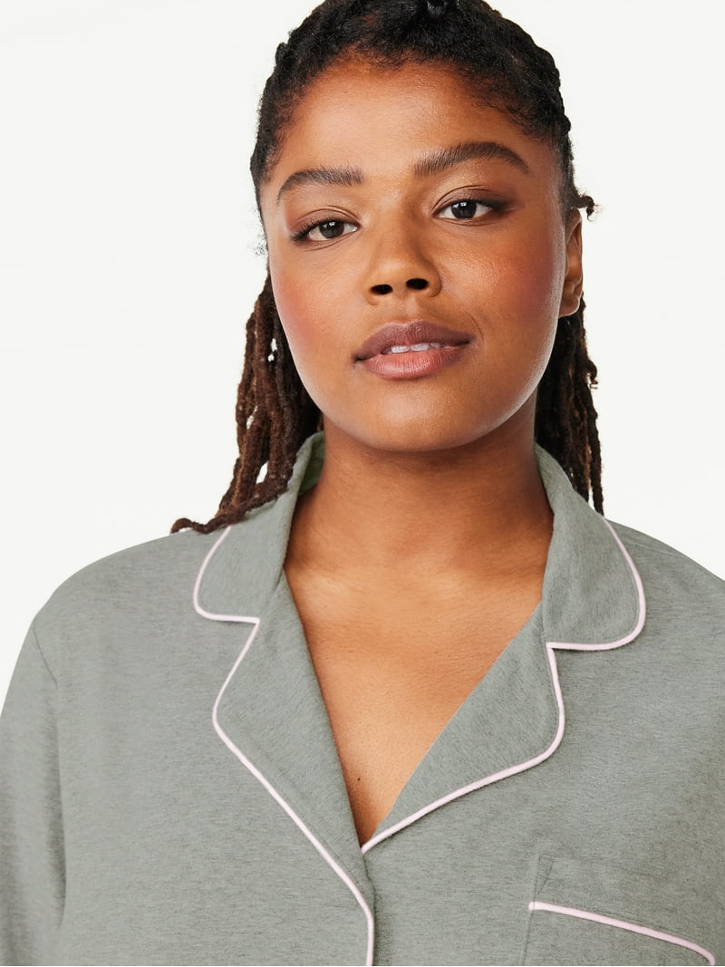 Joyspun Women's Cotton Blend Notch Collar Pajama Set with Pockets