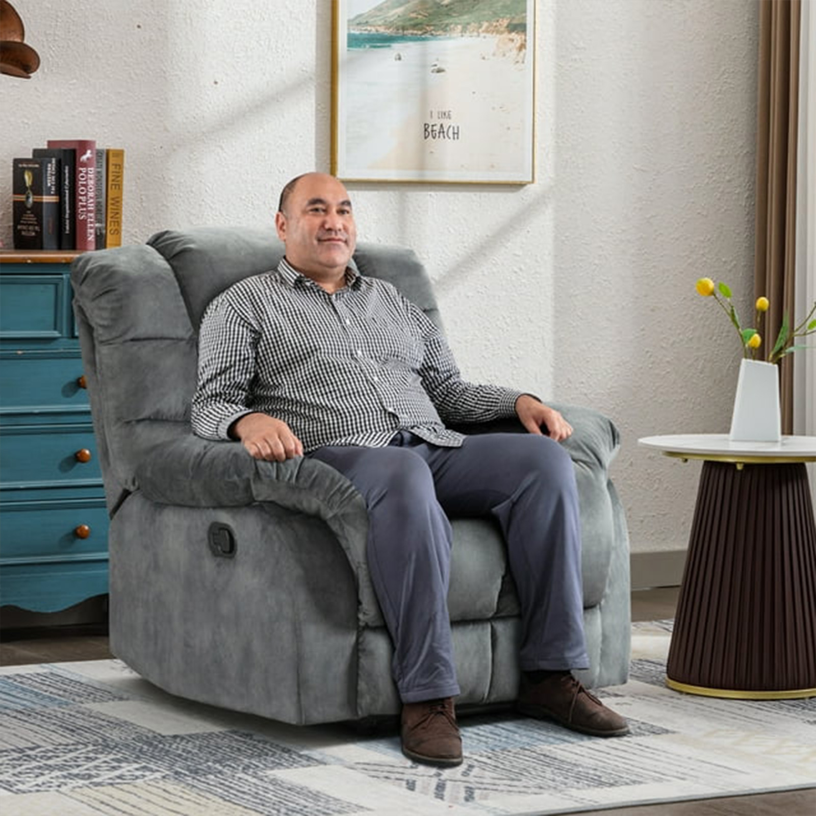 Bonzy Home Recliner Chair Breathable Fabric Reclining Chair Manual Sofa for Living Room, Gray