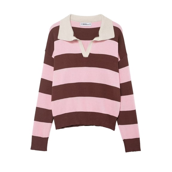 Womens Cute Striped Knit Sweater V Neck Colorblock Polo Collar Pullover Sweatshirts (Pink L)