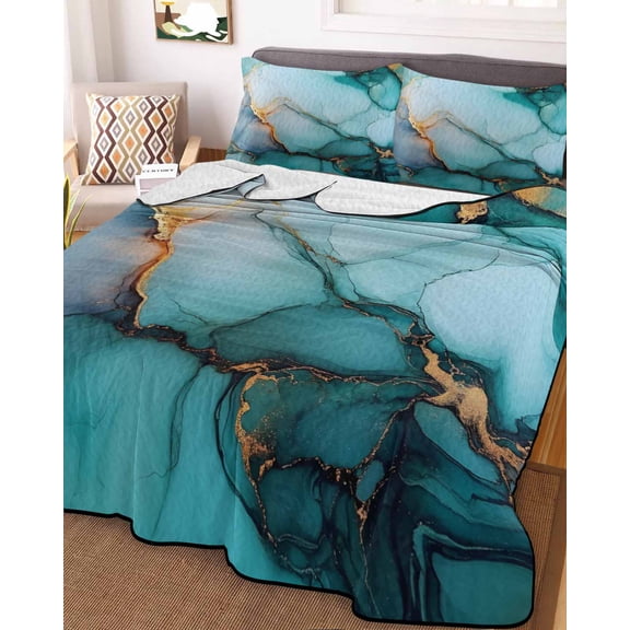 Marble Turquoise Gold Queen Size Down Alternative Comforter, Lightweight Comforter Quilt Bedding Set with Pillow Shams Abstract Simple Geometric All Seasons Bed Comforter Duvet Insert 90"x96"