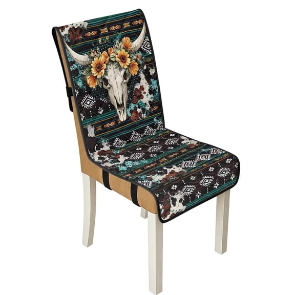 TSOVTHRID Aztec Tribal Cattle Skull Floral Print Quilted Dining Chair Slipcovers Stretchy Comfy Chair Seat Covers Washable Removable Seat Cushion Covers with Detachable Strap, Set of 1