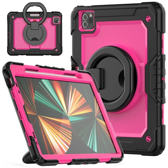 for iPad Pro 11 2024 Kids Case Heavy Duty Rugged Shockproof Silicone Hybrid Protective Case Cover Rotating Ring Stand Hand Grip Pencil Holder Screen Protector for iPad Pro 11 2024 - Black Rose