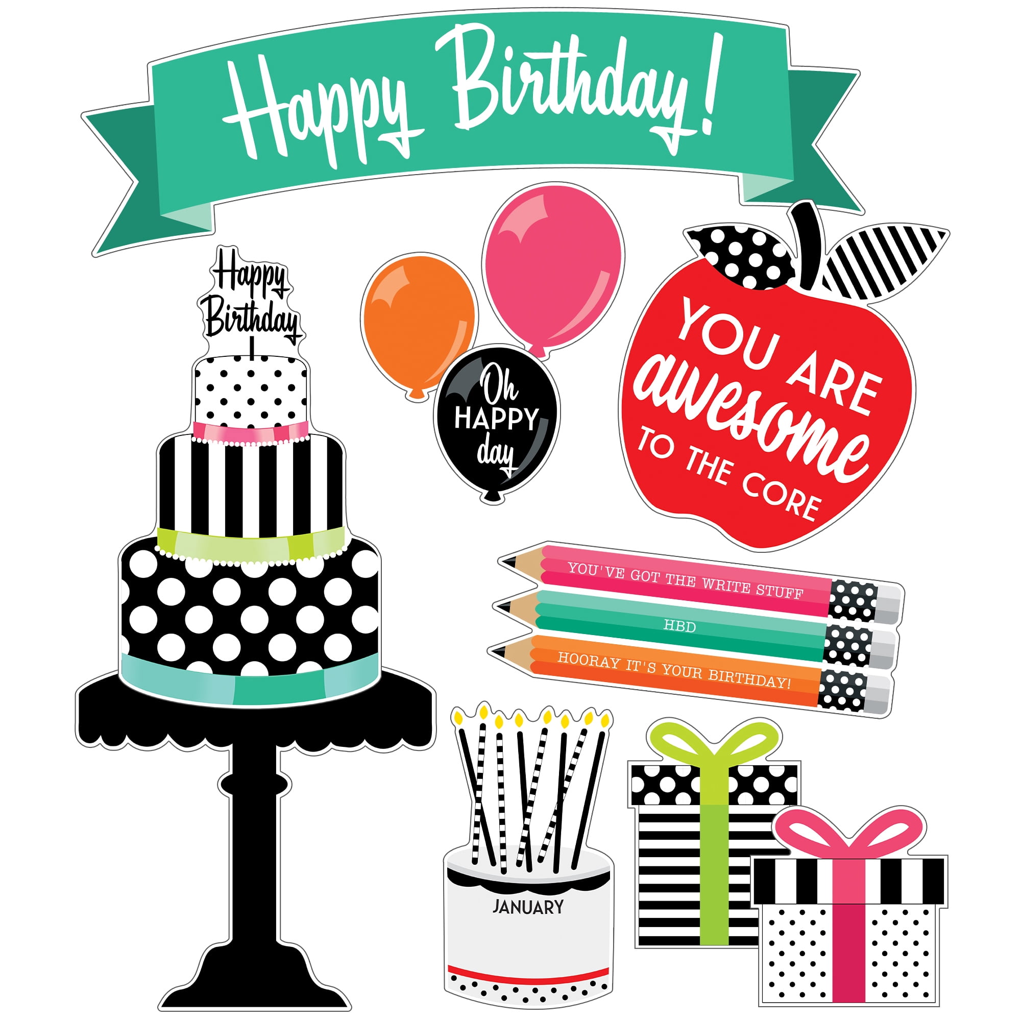 Schoolgirl Style Black, White and Stylish Brights Birthday Bulletin Board Set, 30 Pieces