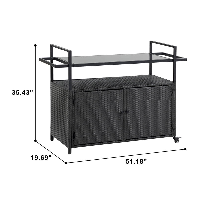 Aukfa Outdoor Wicker Island Rolling Bar Cart with Glass Top for Patio Backyard Garden, Brown