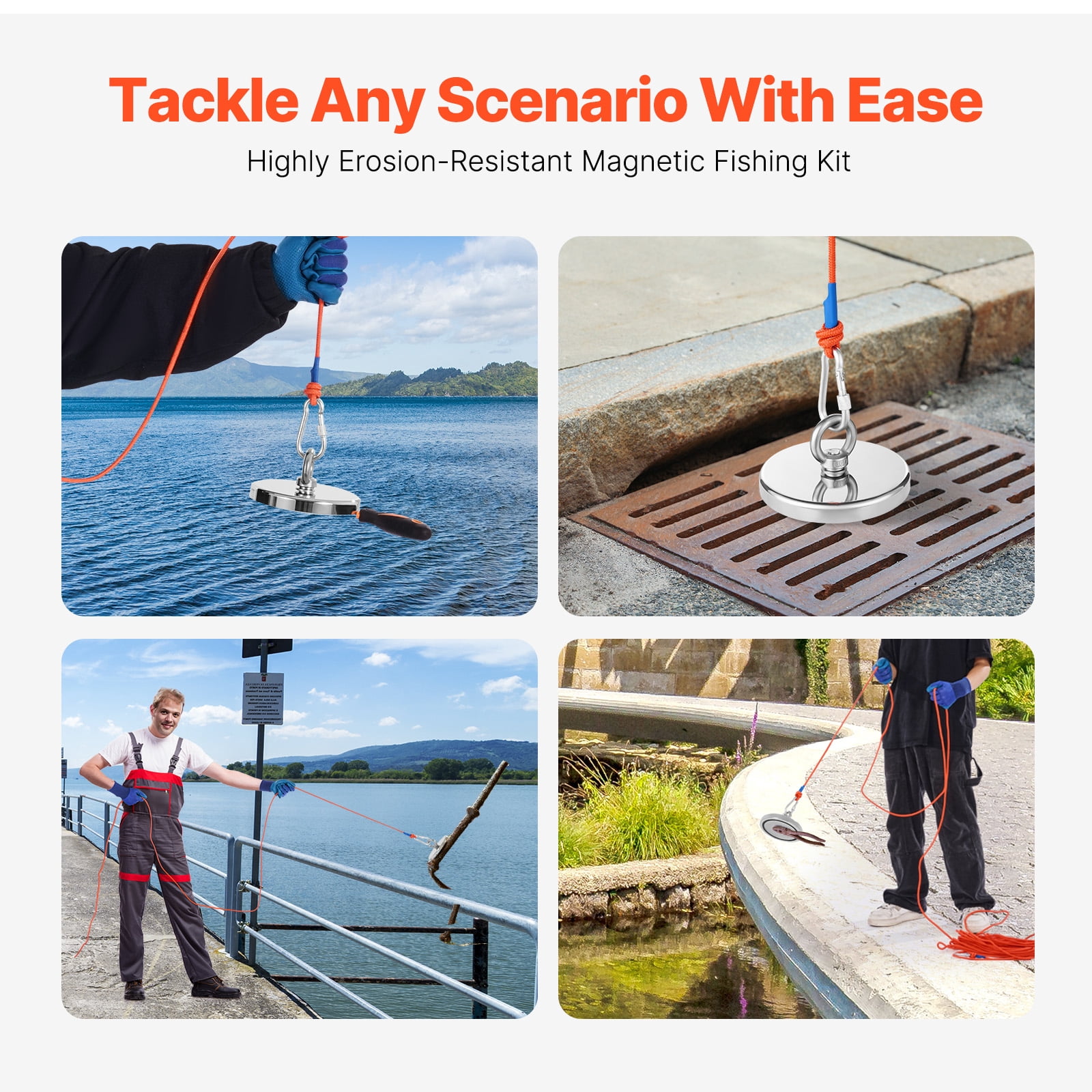 VEVOR Magnet Fishing Kit, 1300 LBS/590 Kg Single-Sided Pulling Force Strong Magnet Fishing Kit, Rare Earth Neodymium Magnetic Fishing Kit Includes Grappling Hook, Heavy Duty Rope, Gloves and Eyebolt
