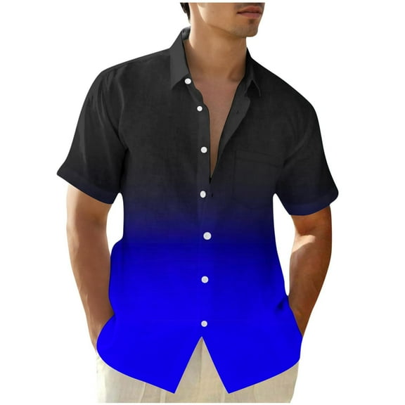 Wyobmus Mens Shirts Oversized Button Down 4-Way Stretch Short Sleeve Blouses Gradient Color V Neck Collared Tops S-5Xl A-Blue