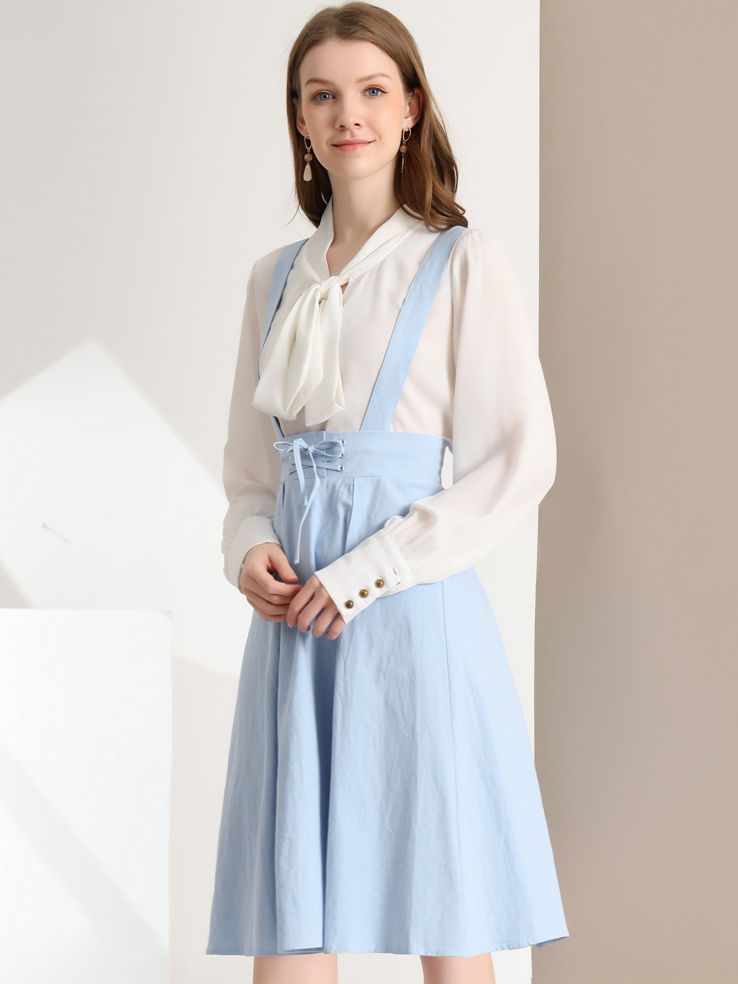 DARING DIVA Women's High Waist Overall Corset Skater Skirt Short Midi Dress L Light Blue