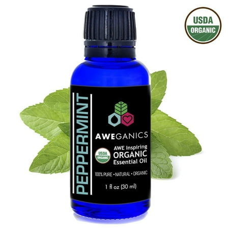 Aweganics Organic Peppermint Essential Oil, USDA Certified Organic, 100% Pure Natural Therapeutic-Grade, Best Aromatherapy Scented-Oils for Diffuser, Home, Personal Use, Relaxation 1 OZ MSRP (Best Oil To Use For Oil Pulling)