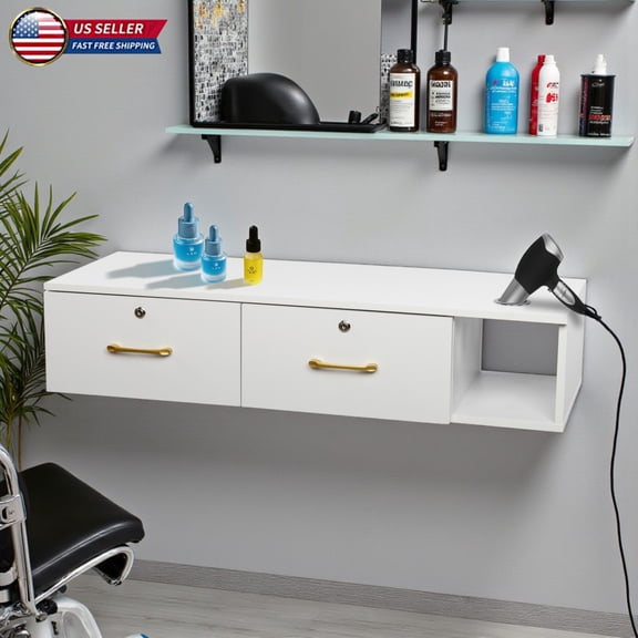 Hassch Modern Wall-Mounted Salon Storage Cabinet, Floating Hair Styling Station with Tool Holders and 2 Lockable Drawers, Multi-Purpose Barber Organizer for Salon, Bathroom or Bedroom, White